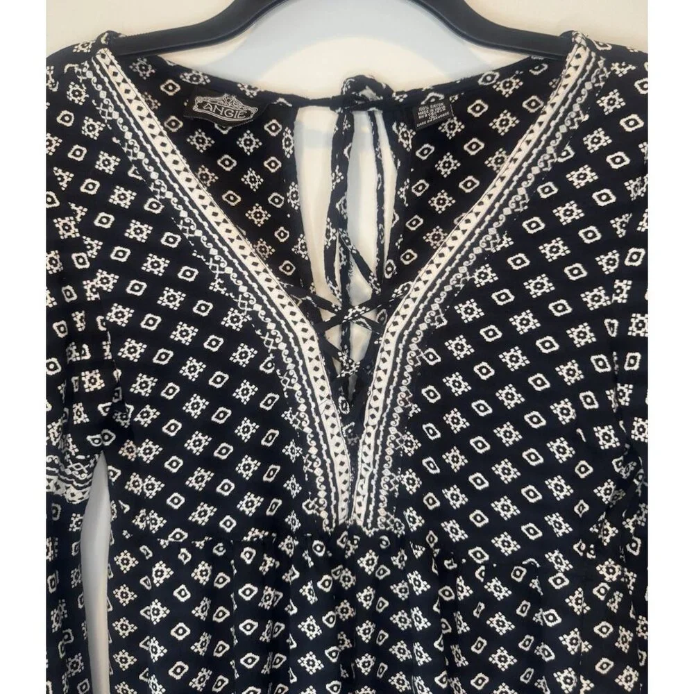 Womens Black White Bell Sleeve Mini Dress Large Boho Peasant Hippie Festival - Picture 2 of 9